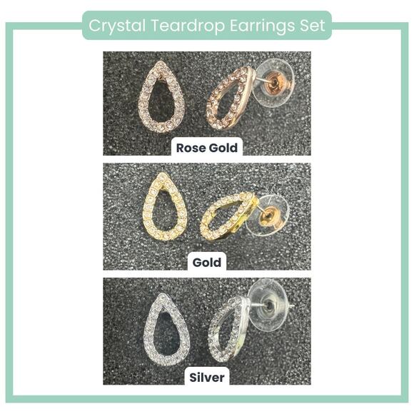 unknown Jewelry - Crystal Teardrop Earrings – Set of 3 (Gold, Rose Gold & Silver)